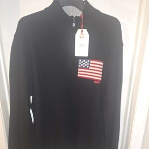 Chaps Black Half-Zip Sweater with American Flag Chest Patch